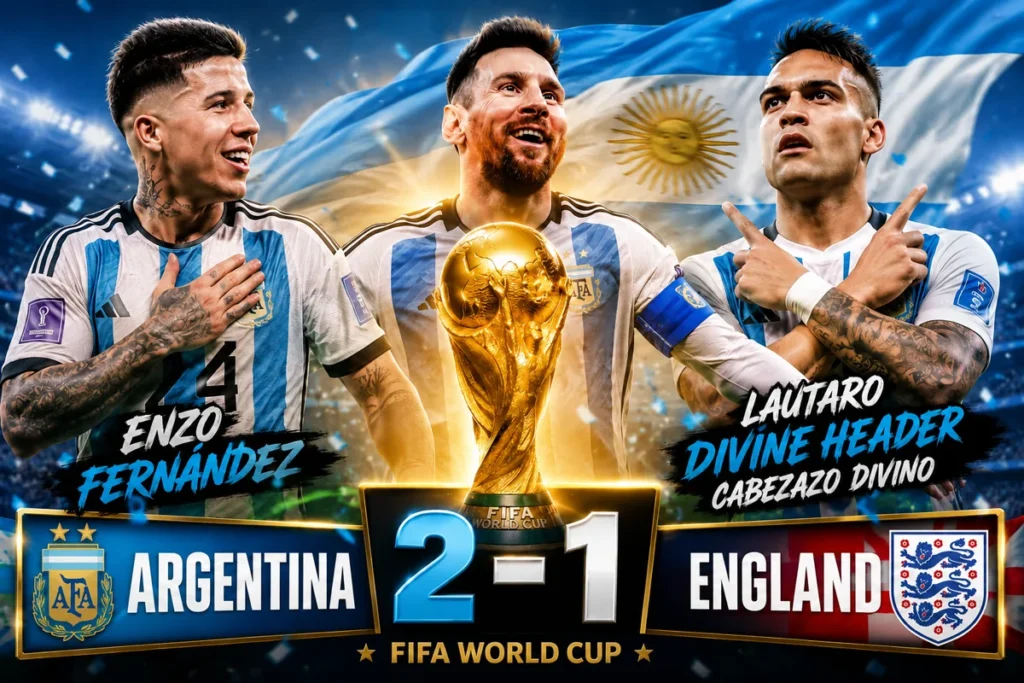 Enzo Fernandez, Lionel Messi and Lautaro Martinez celebrate Argentina's 2-1 win over England with the World Cup trophy