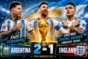 Enzo Fernandez, Lionel Messi and Lautaro Martinez celebrate Argentina's 2-1 win over England with the World Cup trophy