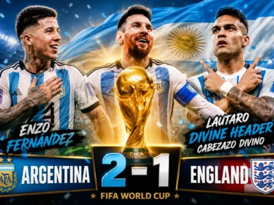 Enzo Fernandez, Lionel Messi and Lautaro Martinez celebrate Argentina's 2-1 win over England with the World Cup trophy