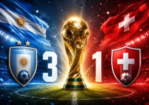 Argentina 3-1 Switzerland World Cup 2026 quarterfinal featured image with flags, crests and trophy