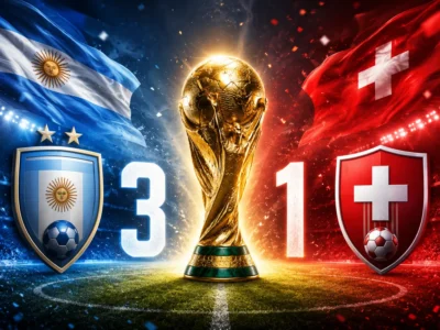 Argentina 3-1 Switzerland World Cup 2026 quarterfinal featured image with flags, crests and trophy