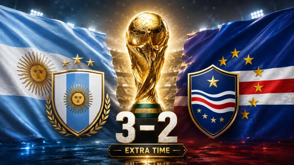 Argentina and Cape Verde flags with a World Cup trophy between them, showing Argentina’s 3-2 extra-time win over Cape Verde.