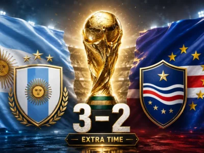 Argentina and Cape Verde flags with a World Cup trophy between them, showing Argentina’s 3-2 extra-time win over Cape Verde.