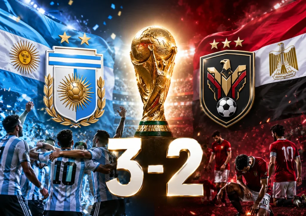 Argentina and Egypt flags with two football-style crests, a central World Cup trophy and 3-2 score after Argentina’s dramatic comeback win over Egypt.