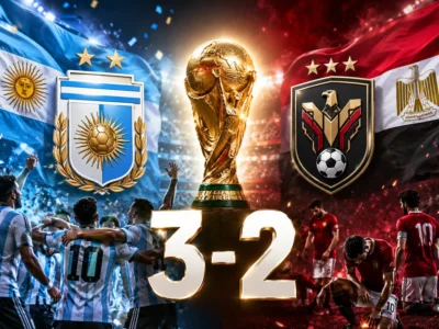 Argentina and Egypt flags with two football-style crests, a central World Cup trophy and 3-2 score after Argentina’s dramatic comeback win over Egypt.