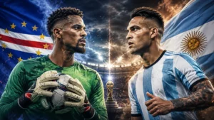 Argentina vs Cape Verde World Cup 2026 Round of 32 preview graphic featuring Vozinha and Lautaro Martínez with Cape Verde and Argentina flags in a dramatic knockout match design.