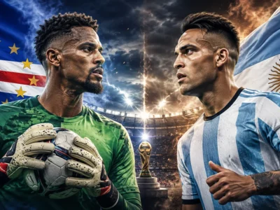 Argentina vs Cape Verde World Cup 2026 Round of 32 preview graphic featuring Vozinha and Lautaro Martínez with Cape Verde and Argentina flags in a dramatic knockout match design.