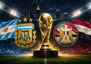 Argentina vs Egypt World Cup 2026 Round of 16 preview graphic with Argentine and Egyptian flags, national crests and the World Cup trophy inside a dramatic Atlanta stadium setting.
