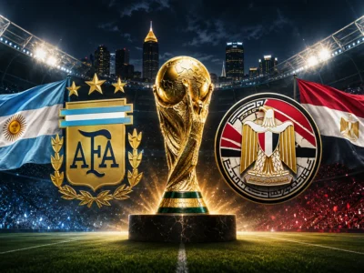 Argentina vs Egypt World Cup 2026 Round of 16 preview graphic with Argentine and Egyptian flags, national crests and the World Cup trophy inside a dramatic Atlanta stadium setting.