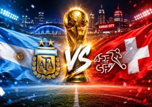 Argentina vs Switzerland World Cup 2026 quarterfinal graphic with Argentina and Switzerland flags, national crests, a golden World Cup trophy, VS text and Kansas City skyline in the background.