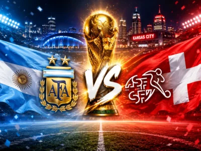 Argentina vs Switzerland World Cup 2026 quarterfinal graphic with Argentina and Switzerland flags, national crests, a golden World Cup trophy, VS text and Kansas City skyline in the background.