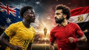 Australia vs Egypt World Cup 2026 Round of 32 preview graphic featuring Nestory Irankunda and Mohamed Salah with Australian and Egyptian flags in a dramatic knockout match design.