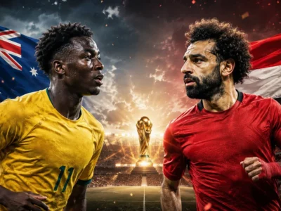 Australia vs Egypt World Cup 2026 Round of 32 preview graphic featuring Nestory Irankunda and Mohamed Salah with Australian and Egyptian flags in a dramatic knockout match design.