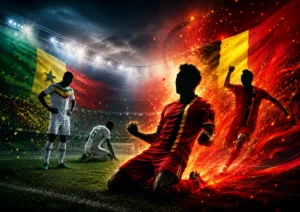 Symbolic featured image of Belgium’s dramatic World Cup comeback against Senegal, showing red Belgian energy rising after a late knockout thriller.