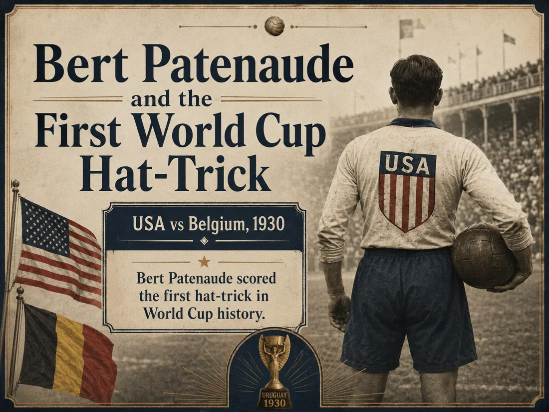 Bert Patenaude first World Cup hat-trick graphic showing a 1930 USA vs Belgium historical football scene with American and Belgian flags and a vintage stadium background.