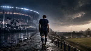 ordeaux footballer walking from a modern stadium toward a small lower-league ground, symbolising the club’s collapse to the sixth tier