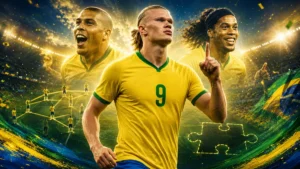 Brazil-inspired football artwork showing a powerful number 9 striker figure in yellow, with legendary past icons behind him and a missing-piece tactical symbol representing what the Seleção lack.