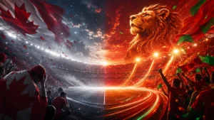 Morocco fans celebrate beside a glowing Atlas lion as Canada supporters look dejected after Canada 0-3 Morocco at the World Cup.
