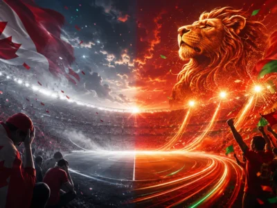 Morocco fans celebrate beside a glowing Atlas lion as Canada supporters look dejected after Canada 0-3 Morocco at the World Cup.