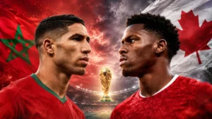 Canada vs Morocco World Cup 2026 Round of 16 preview graphic featuring Jonathan David and Achraf Hakimi with Canadian and Moroccan flags in a dramatic knockout match design.