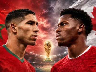 Canada vs Morocco World Cup 2026 Round of 16 preview graphic featuring Jonathan David and Achraf Hakimi with Canadian and Moroccan flags in a dramatic knockout match design.