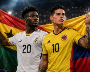 Colombia vs Ghana World Cup 2026 Round of 32 preview graphic featuring Mohammed Kudus and James Rodríguez with Ghanaian and Colombian flags in a dramatic knockout match design.