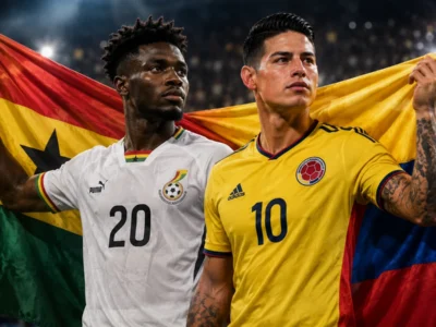Colombia vs Ghana World Cup 2026 Round of 32 preview graphic featuring Mohammed Kudus and James Rodríguez with Ghanaian and Colombian flags in a dramatic knockout match design.