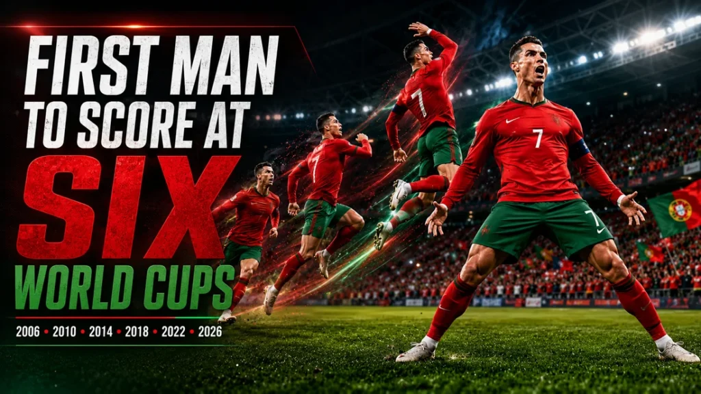 Cristiano Ronaldo in Portugal’s number 7 shirt celebrating his record as the first man to score at six World Cups