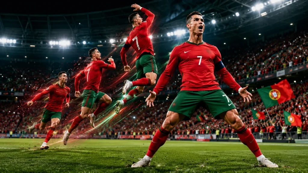 Cristiano Ronaldo wearing Portugal’s number 7 shirt performing the full Siuuu goal celebration sequence in a packed stadium