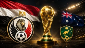 Egypt vs Australia featured image with larger Egypt flag and crest, smaller Australia flag and crest, and the FIFA World Cup trophy in the center.