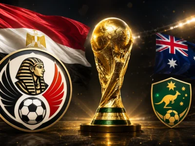 Egypt vs Australia featured image with larger Egypt flag and crest, smaller Australia flag and crest, and the FIFA World Cup trophy in the center.