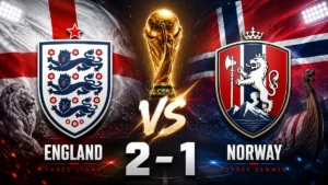 England 2-1 Norway World Cup 2026 quarterfinal graphic with flags, team crests and trophy