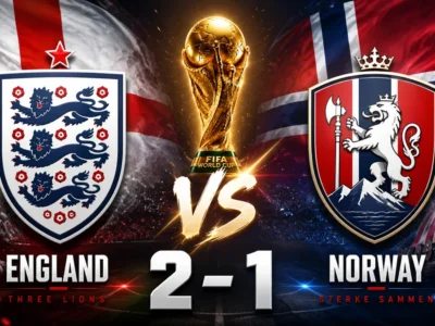 England 2-1 Norway World Cup 2026 quarterfinal graphic with flags, team crests and trophy
