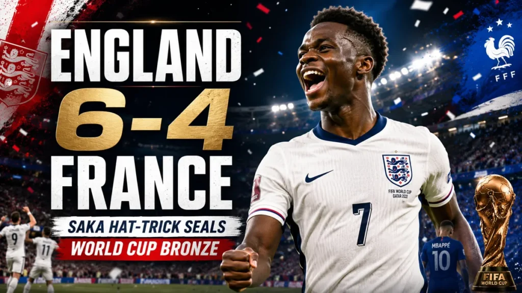 Bukayo Saka celebrates his hat-trick in England’s 6-4 win over France in the World Cup third-place playoff.