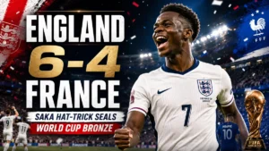 Bukayo Saka celebrates his hat-trick in England’s 6-4 win over France in the World Cup third-place playoff.