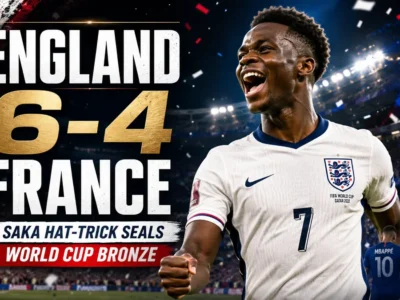 Bukayo Saka celebrates his hat-trick in England’s 6-4 win over France in the World Cup third-place playoff.