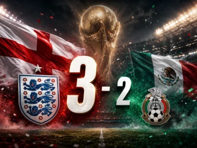 England and Mexico flags with England leading 3-2, World Cup trophy in the background and Azteca Stadium atmosphere after England’s dramatic 2026 World Cup win.