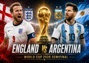 England vs Argentina World Cup 2026 semifinal featured image showing Harry Kane, Lionel Messi, national flags, team crests and the FIFA World Cup trophy between them.