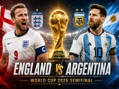 England vs Argentina World Cup 2026 semifinal featured image showing Harry Kane, Lionel Messi, national flags, team crests and the FIFA World Cup trophy between them.