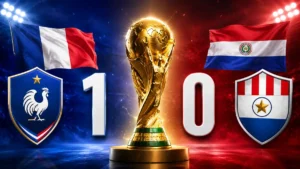 France 1-0 Paraguay featured image with the French and Paraguayan flags, team crests, the score 1-0, and the FIFA World Cup trophy in the center.