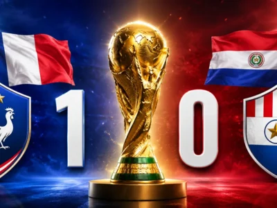 France 1-0 Paraguay featured image with the French and Paraguayan flags, team crests, the score 1-0, and the FIFA World Cup trophy in the center.