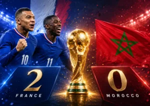 France vs Morocco 2-0 World Cup 2026 quarterfinal featured image with Mbappe, Dembele, Morocco flag and golden trophy in the center.