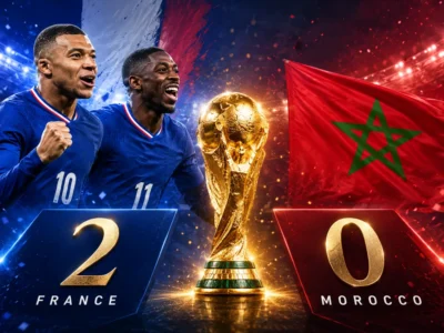 France vs Morocco 2-0 World Cup 2026 quarterfinal featured image with Mbappe, Dembele, Morocco flag and golden trophy in the center.