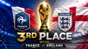 France vs England World Cup 2026 third-place playoff featured image with both national flags, team crests and the FIFA World Cup trophy.
