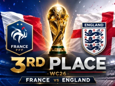 France vs England World Cup 2026 third-place playoff featured image with both national flags, team crests and the FIFA World Cup trophy.