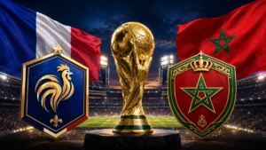 France and Morocco flags with stylized national crests and a golden World Cup trophy inside Foxborough stadium for the World Cup 2026 quarterfinal.