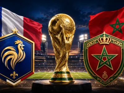 France and Morocco flags with stylized national crests and a golden World Cup trophy inside Foxborough stadium for the World Cup 2026 quarterfinal.