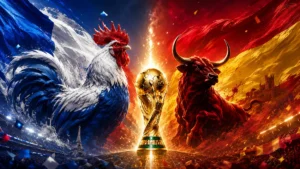 France vs Spain World Cup 2026 semifinal featured image showing the French rooster, Spanish bull, two national flags and a golden World Cup trophy between them.