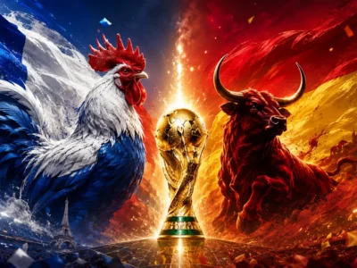 France vs Spain World Cup 2026 semifinal featured image showing the French rooster, Spanish bull, two national flags and a golden World Cup trophy between them.
