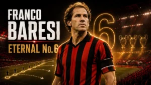 Franco Baresi-inspired AC Milan defender with a glowing number 6, three European trophies and a tactical defensive line in a dramatic stadium.